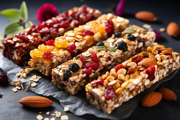 Obraz na płótnie Canvas chocolate and nuts, raisins. granola bar on table. Cereal granola bars. Superfood breakfast bars with oats, nuts and berries, close up. Top view