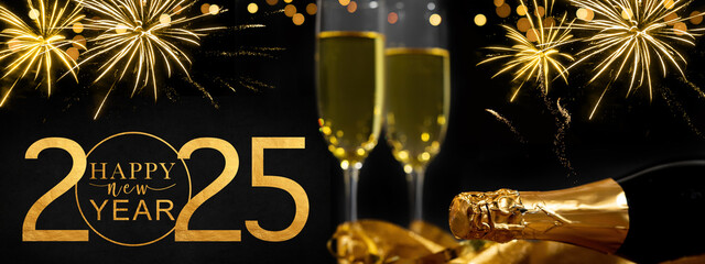 2024 Happy New Year holiday Greeting Card banner - Sparkling wine or champagne glasses and bottle,...