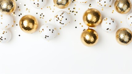 Glam New Years Eve or birthday party celebration white and gold balloons, disco balls, confetti background, web banner with copy space