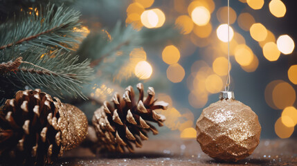 Festive Christmas Background with Ornate Decorations and New Year's Ball