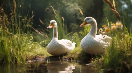 Obraz premium Two white ducks resting by a peaceful pond in a natural forest setting perfect for environmental campaigns and outdoor lifestyle publications.