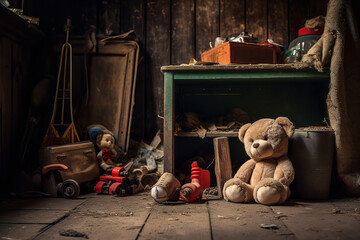  Old toys lie forgotten in a dusty attic, evoking nostalgia and the passage of time - obrazy, fototapety, plakaty
