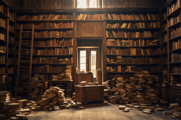 Shelves full of books in an old library gather a thick layer of dust, untouched for years and waiting for readers