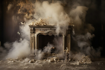 A fireplace filled with ashes and a layer of dust shows it hasn't been used for an extended period - obrazy, fototapety, plakaty