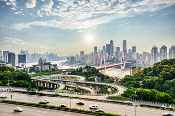 Chongqing viaduct road and city skyline at sunset - obrazy, fototapety, plakaty