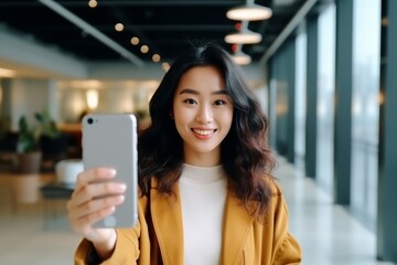 happy asian woman takes a selfie on a smartphone against the background of a house