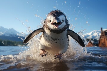 A playful penguin emerges amongst vibrant splashes, its slick feathers glistening. This aquatic bird epitomizes the spirited life within chilly waters.