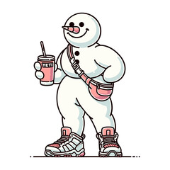Snowman holding a glass of iced coffee and carried a bag around his waist,Groovy retro snowman cartoon characters,Christmas vector comic illustrations with snowman.