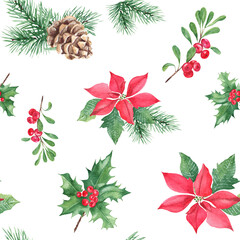 Christmas hand drawn seamless pattern with winter plants. Forest pine branches with cone, holly with red berries, red poinsettia and cowberry or lingonberry. For fabric or textile prints, gift