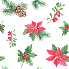 Foto auf Acrylglas Christmas hand drawn seamless pattern with winter plants. Forest pine branches with cone, holly with red berries, red poinsettia and cowberry or lingonberry. For fabric or textile prints, gift © Tatiana
