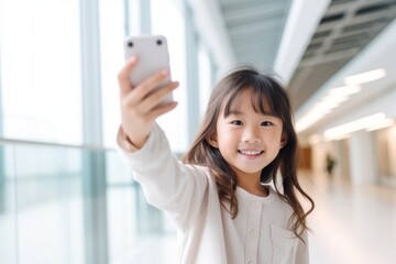 happy asian child girl takes a selfie on a smartphone against the background of a room
