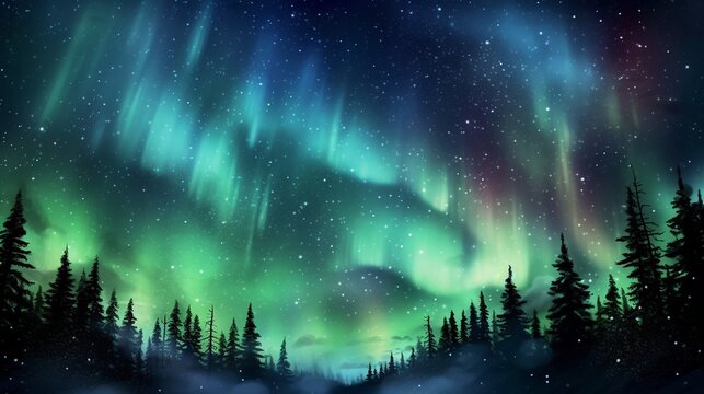 Spectacular Aurora Borealis Over a Serene Forest Landscape