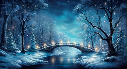 Bridge with lights on a river, snowy landscape with snow covered trees. Moon shining in a cold winter, calm, dreamy night. Romantic fantasy scenery for seasonal card, banner.