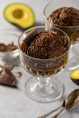 Avocado chocolate mousse pudding, keto vegan healthy dessert.