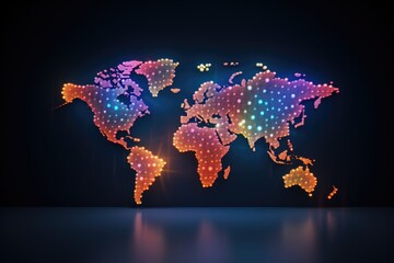 Abstract world map with colorful lights on dark background. Vector illustration, pixel world map...