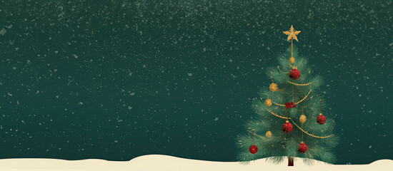 Seasonal Invitation Card: Christmas Tree, Decorations, and Blank Copy Space on green background 