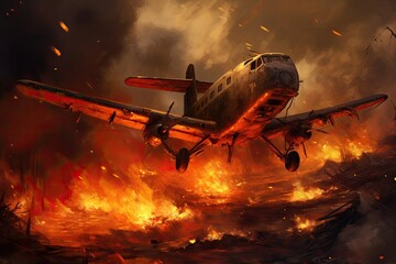 Airplane in the flames of a fire. 3D illustration, The plane crashed to the ground, AI Generated - obrazy, fototapety, plakaty