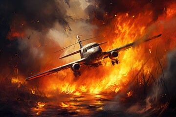 Burning airplane in the fire. 3d illustration. Clip art, The plane crashed to the ground, AI...