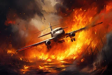 Muurstickers Burning airplane in the fire. 3d illustration. Clip art, The plane crashed to the ground, AI Generated © Iftikhar alam