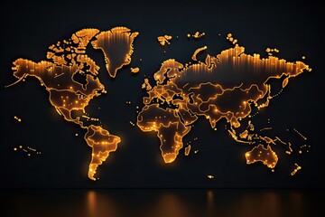 Abstract glowing world map on dark background. Communication and travel concept. 3D Rendering,...