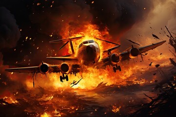 Airplanes in the fire. 3D illustration. Elements of this image furnished by NASA, The plane crashed to the ground, AI Generated - obrazy, fototapety, plakaty