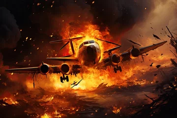 Zelfklevend Fotobehang Airplanes in the fire. 3D illustration. Elements of this image furnished by NASA, The plane crashed to the ground, AI Generated © Iftikhar alam