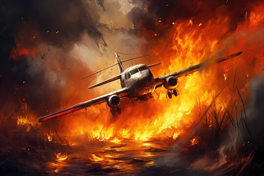 Burning airplane in the fire. 3d illustration. Clip art, The plane crashed to the ground, AI Generated