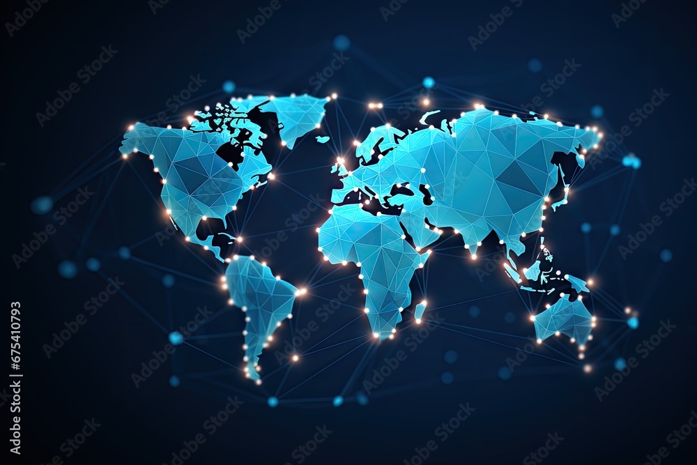 Poster abstract vector polygonal world map on dark blue background. global network connection concept, poly