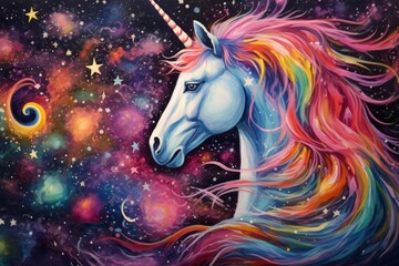 Obraz na płótnie Canvas Unicorn with rainbow mane on cosmic background. Fantasy illustration, Pointillism space unicorn majestic colorful stars magical fantasy, AI Generated