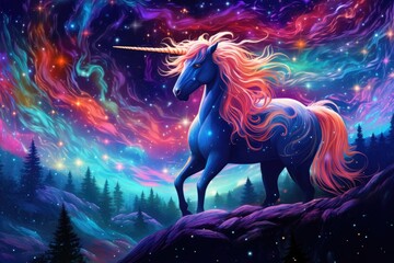 Obraz na płótnie Canvas Unicorn in the night starry sky. Fantasy illustration, Pointillism space unicorn majestic colorful stars magical fantasy, AI Generated
