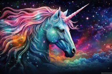 Fototapeta na wymiar Unicorn in cosmic space. Fantasy unicorn with rainbow mane, Pointillism space unicorn majestic colorful stars magical fantasy, AI Generated