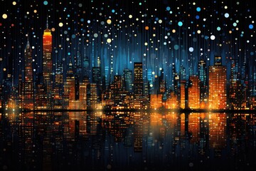 New York City Manhattan skyline at night with lights and reflections. Vector illustration, pointillist illustration of a city skyline at night, with lots of dots, AI Generated
