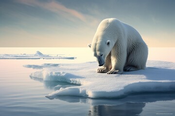 Polar bear Ursus maritimus on the pack ice, north of Svalbard Arctic Norway, polar bear stranded on a shrinking ice cap, AI Generated - obrazy, fototapety, plakaty