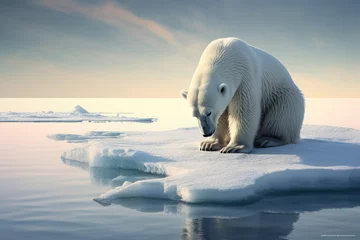 Schilderijen op glas Polar bear Ursus maritimus on the pack ice, north of Svalbard Arctic Norway, polar bear stranded on a shrinking ice cap, AI Generated © Iftikhar alam