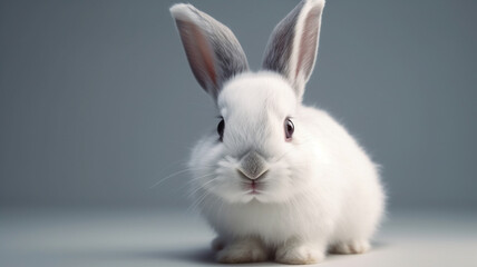 Cute white rabbit sitting on gray background. 3d rendering.