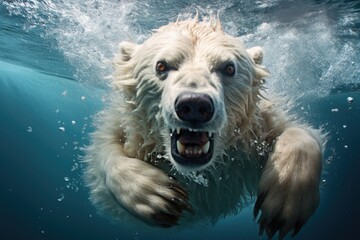 Polar bear swimming underwater in deep blue water, closeup, Polar bear underwater attack, AI Generated - Powered by Adobe