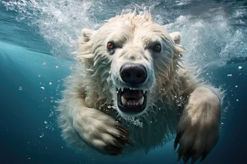 Zelfklevend Fotobehang Polar bear swimming underwater in deep blue water, closeup, Polar bear underwater attack, AI Generated © Iftikhar alam
