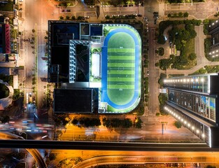 Aerial view of an illuminated soccer field on a tall building roof