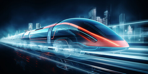 A futuristic high-speed train travels through the city at high speed. digital Ai - obrazy, fototapety, plakaty