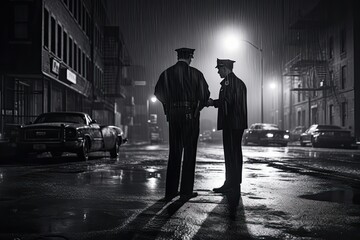 Two police officers shaking hands in a foggy city at night, policemen standing on the street corner...