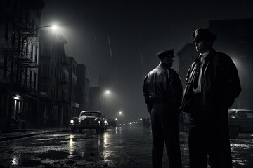 Two police officers standing on the street in a foggy night, policemen standing on the street corner overlooking a crime scene, cops in the big city, noir novel or film style, AI Generated - Powered by Adobe