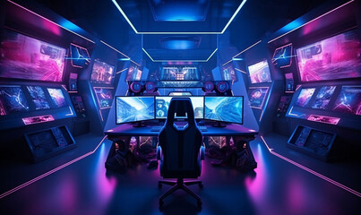 Controlling admin room with multiple monitors and powerful hardware. A computer game room for enthusiasts is the second possibility of using the room. generative Ai