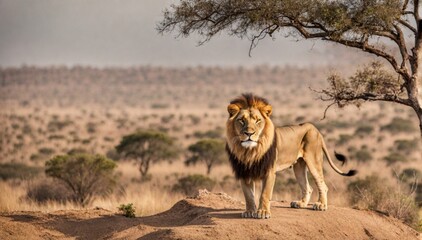 Single lion standing proudly on a small Hill.
