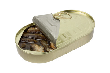 Tin can with sprats. Isolated on white background