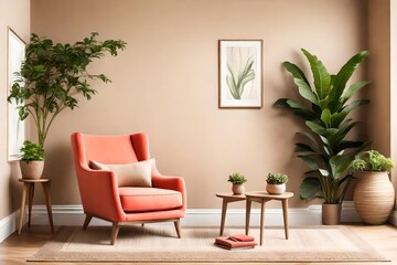 A coral lounge chair with a potted plant in a sunlit corner near a beige wall, creating a serene living space.