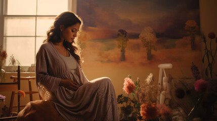 Fototapeta premium Generative ai pregnant woman at home in soft warm light