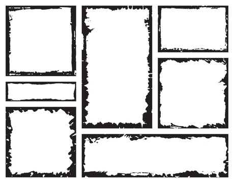 Collection of rectangular ink grunge frames, borders set. Squared hand drawn box for text with torn, damaged edges. Vector