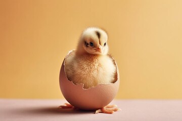 Cute little yellow chickens in eggshell on table, closeup