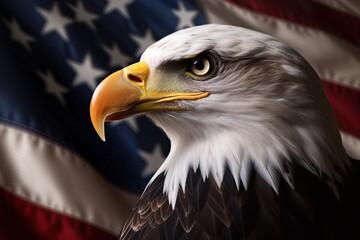 Naklejka premium Bald Eagle over the flag of United States of America. Ai Generative