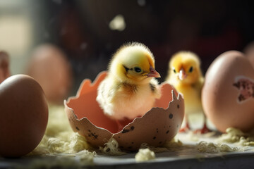 Cute little yellow chickens in eggshell on table, closeup